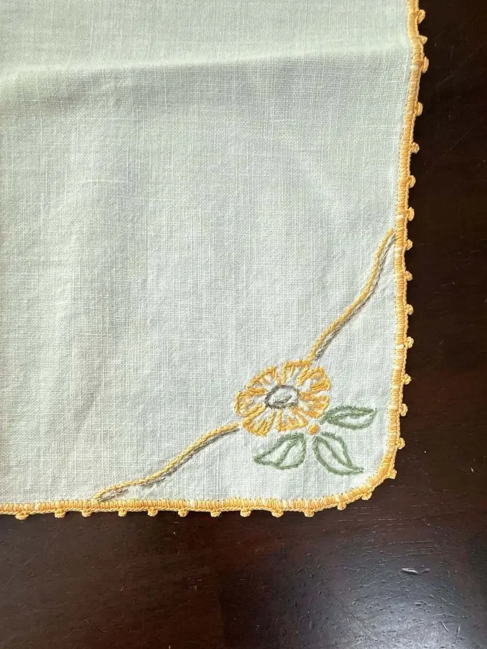 Set of 2 Vintage White Cotton Napkins Embroidered Yellow Floral Corners, Edging
